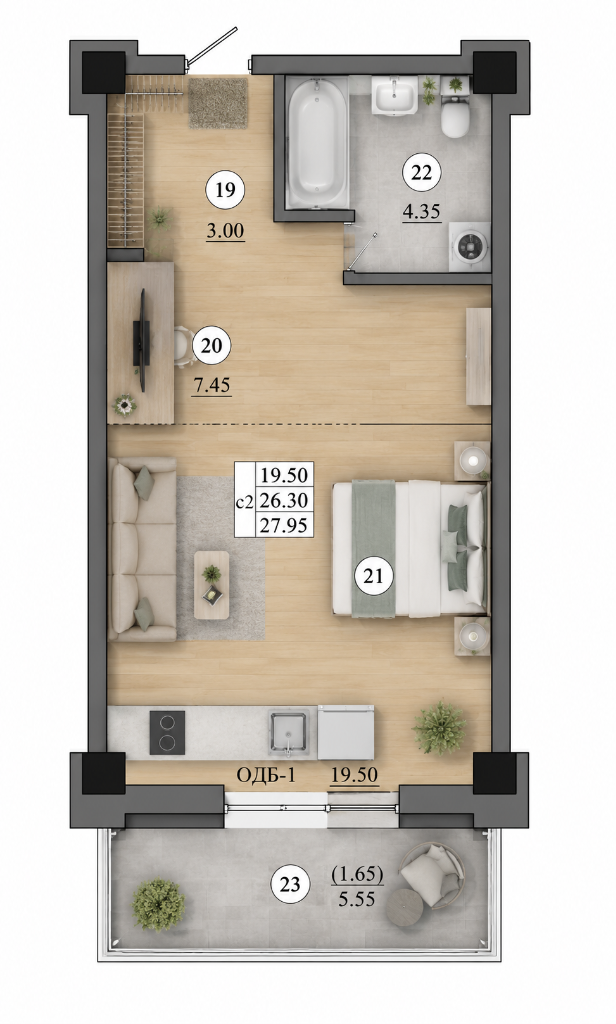 Планировка студии С2 — 27,95 м²